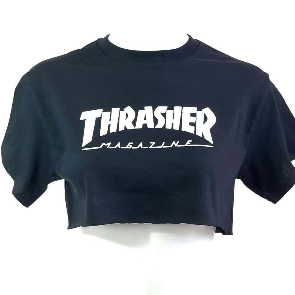 Reworked THRASHER Magazine Big Logo Print "Cropped" Crop Top Skateboarding Tee